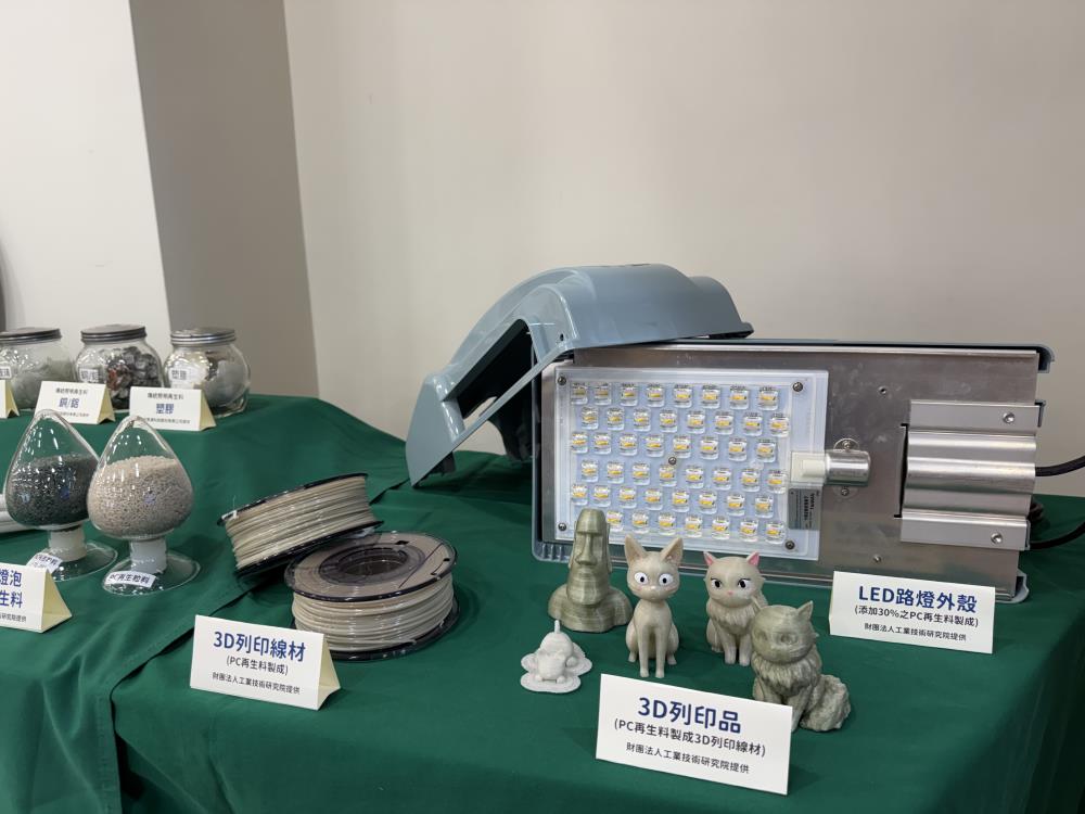 6.展示品_再生品_照明光源回收後，其中塑膠可再製成LED路燈外殼與3D列印線材原料等.JPG