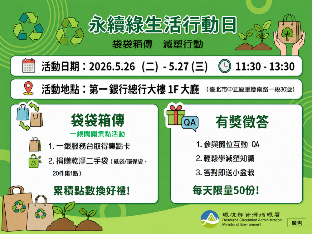 減塑「第一」！環境部攜手一銀總行快閃集袋，短期設攤鼓勵永續綠生活