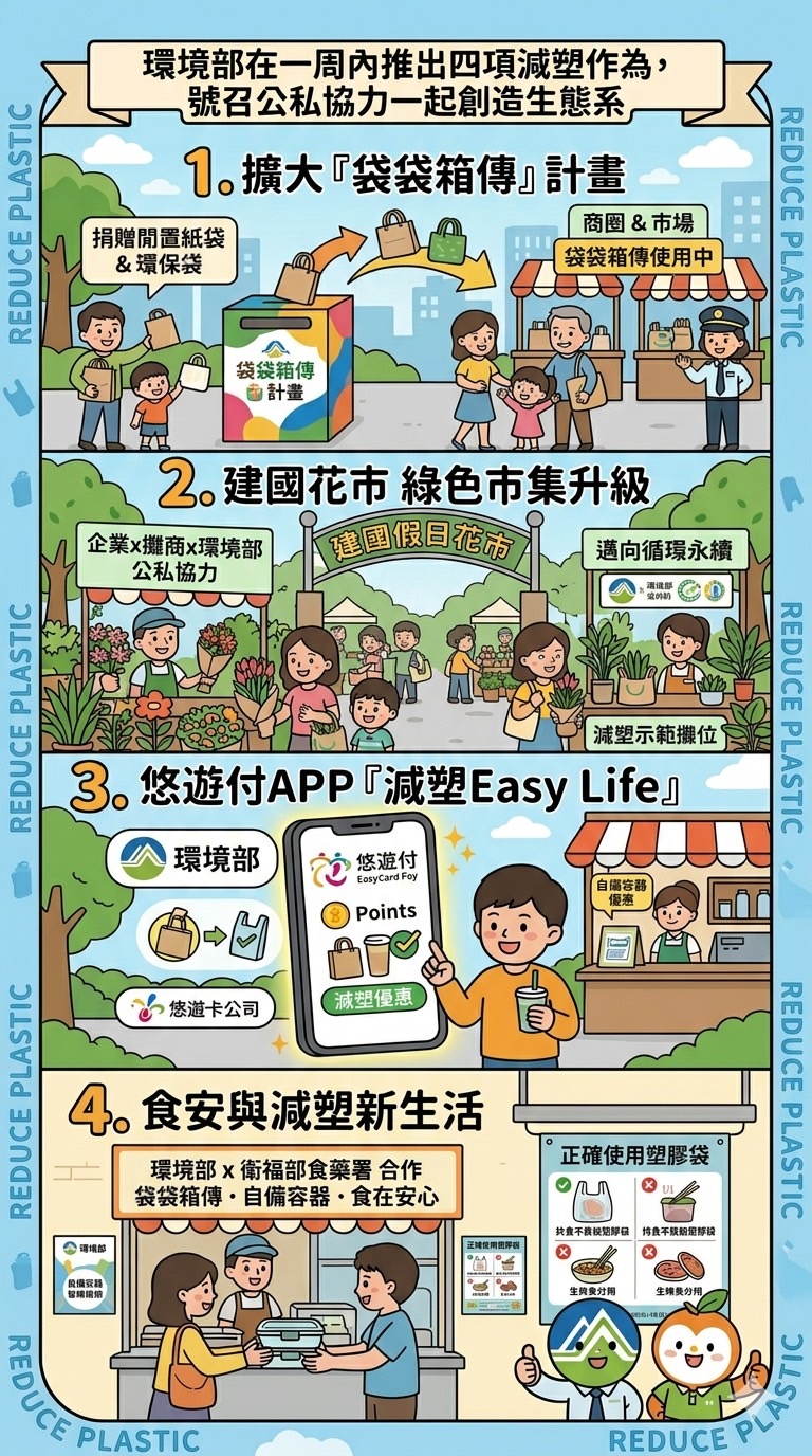 回應媒體評論：化「塑膠袋之亂」為循環契機！環境部啟動「袋袋箱傳」與「減塑 Easy Life」數位回饋，攜手衛福部守護永續健康生活