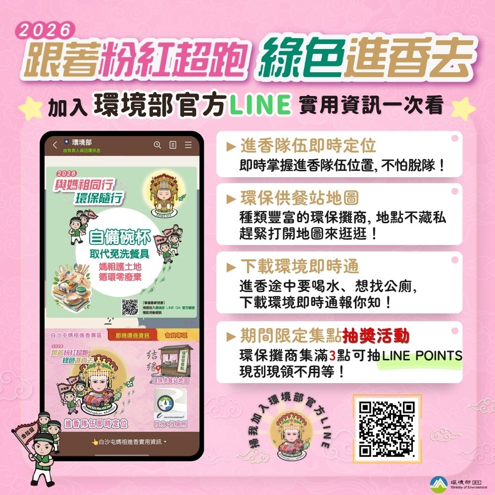 跟著女神綠色進香去！環境部 LINE OA「白沙屯媽 祖進香專區」上線，精準位置一次看！